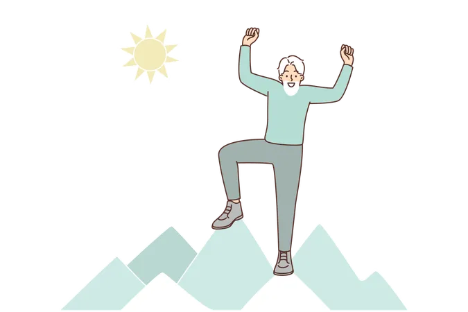 Elderly Man Stands On Top Of Mountain And Celebrates Triumphant Ascent For Concept Of Leadership Or Success Elderly Man Rejoices At New Achievement And Leads Active Lifestyle After Retirement Illustration