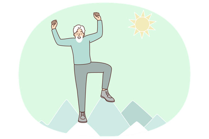 Elderly man stands on top of mountain and celebrates triumphant ascent  Illustration