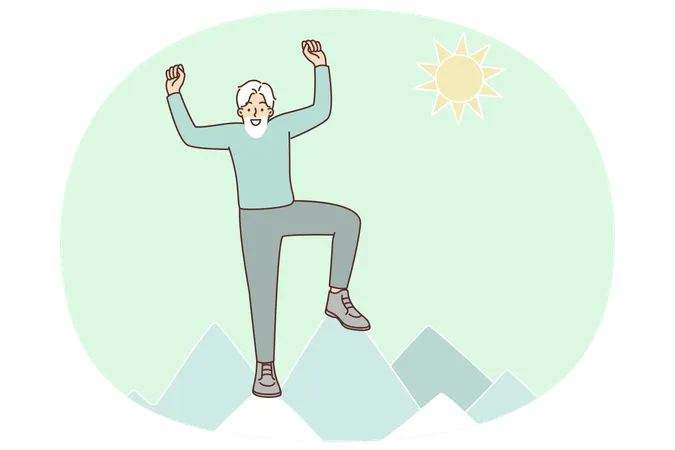 Elderly man stands on top of mountain and celebrates triumphant ascent  Illustration