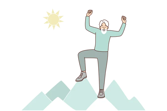 Elderly man stands on top of mountain  Illustration