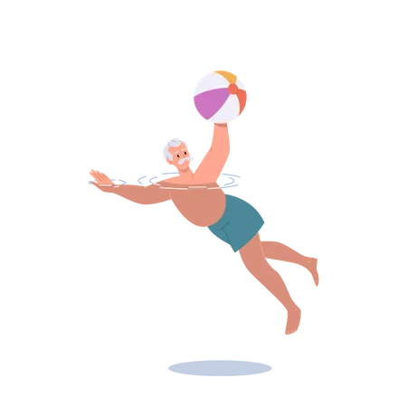 Elderly Man Swimming In Pool With Inflatable Ball Doing Aquafit Exercise  Illustration