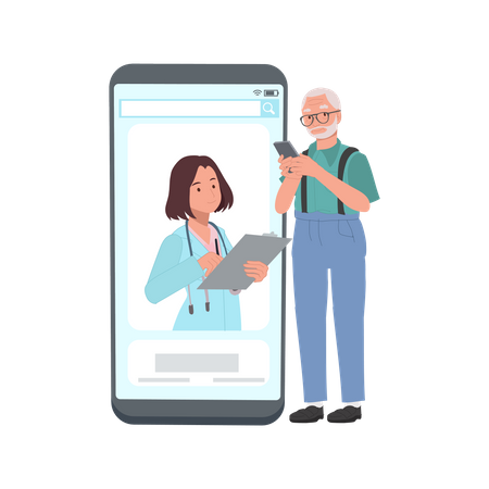 Elderly man texting with doctor  Illustration