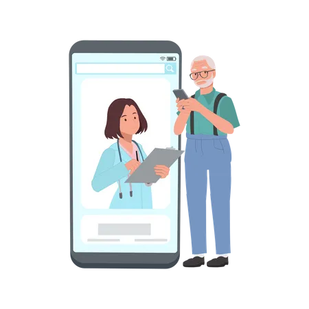 Elderly man texting with doctor  Illustration