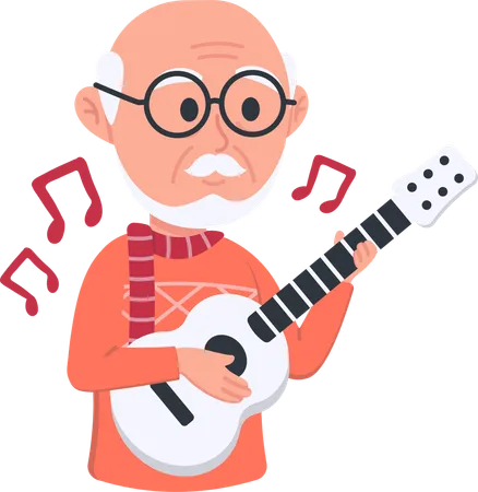 Elderly man tries to play guitar  Illustration