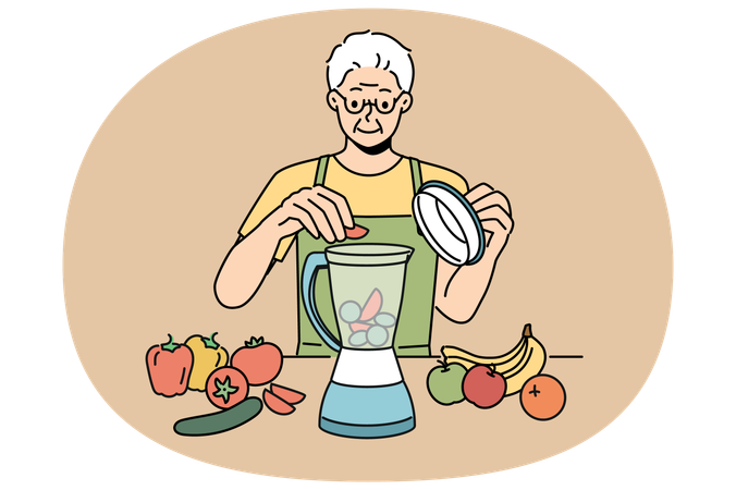 Elderly man using blender and prepares smoothies from fresh fruits and vegetables  Illustration