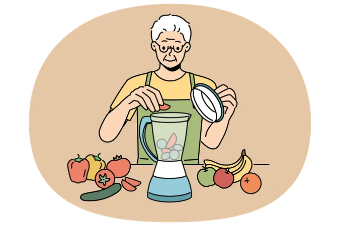 Elderly man using blender and prepares smoothies from fresh fruits and vegetables  Illustration