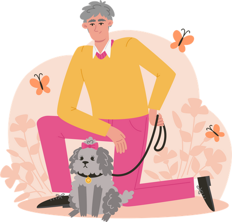 Elderly man walking his dog  Illustration