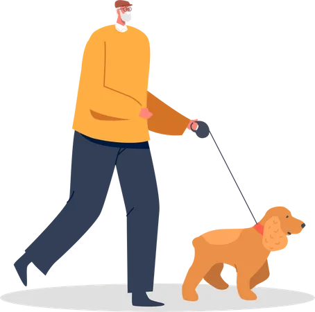 Elderly Man Walking With Dog Illustration