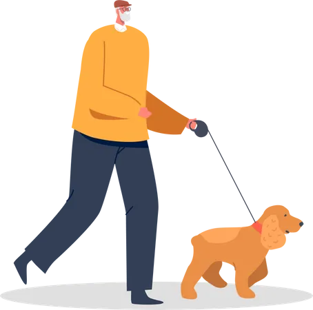 Elderly Man Walking With Dog  Illustration