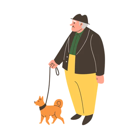 Elderly man walking with dog on leash  Illustration