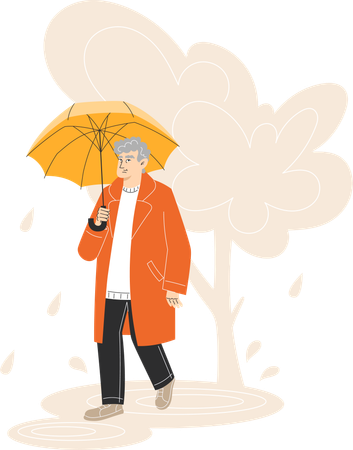 Elderly Man Walking with Umbrella in Rainy Autumn Park  Illustration