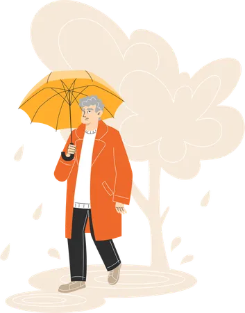 Elderly Man Walking with Umbrella in Rainy Autumn Park  Illustration