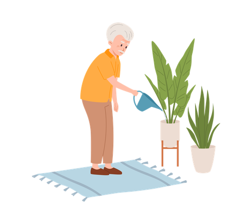 Elderly man watering plants  Illustration
