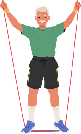 Elderly Man Wearing Shorts Footwear And T-shirt Exercising With Resistance Band  Illustration