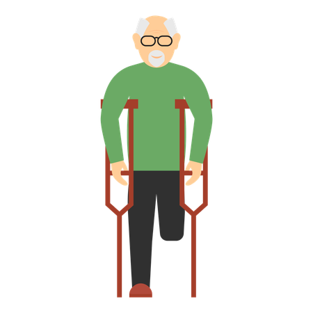 Elderly man with a prosthetic leg smiles while using crutches  Illustration