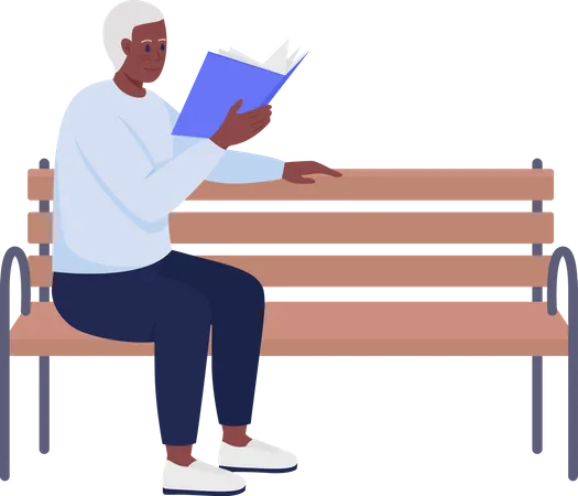 Elderly man with book relaxing on bench  Illustration