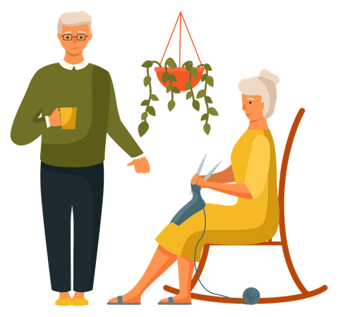 Elderly man with cup and woman is knitting a scarf sitting on the chair  Illustration