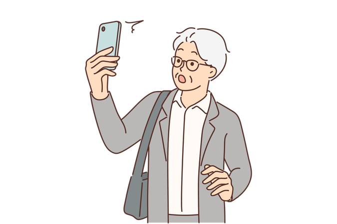 Elderly man with phone is shocked by news  일러스트레이션