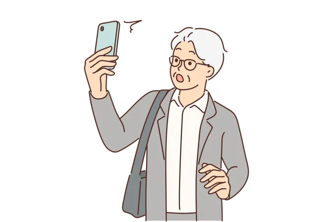 Elderly man with phone is shocked by news  일러스트레이션