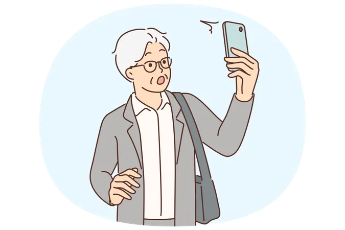 Elderly man with phone is shocked by news saw in application message from business partner  Illustration