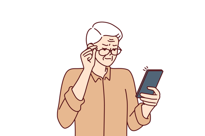 Elderly man with poor eyesight squint looking at screen of mobile phone to read SMS  Illustration