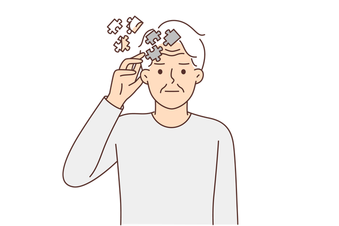 Elderly man with puzzles near head  Illustration