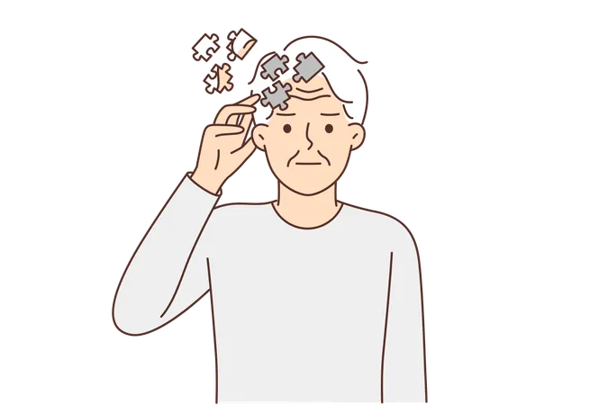 Elderly Man With Puzzles Near Head Symbolizing Dementia Suffers From Memory Problems Or Alzheimer Disease Old Man Needs Help Of Doctor Or Drugs To Treat Dementia Caused By Advanced Age Illustration
