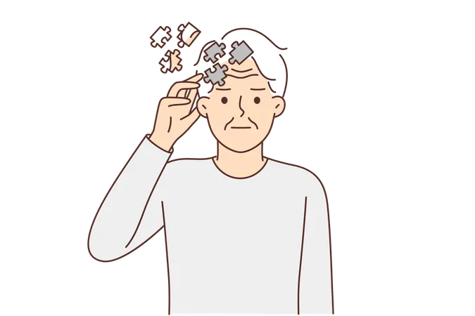 Elderly man with puzzles near head  Illustration