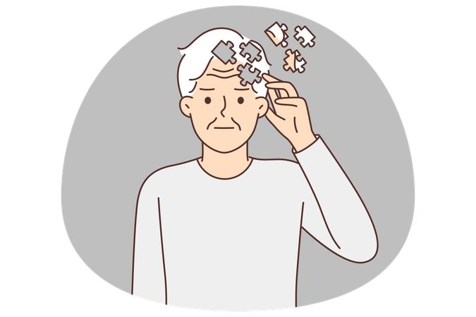 Elderly man with puzzles near head while suffers from memory problems  Illustration
