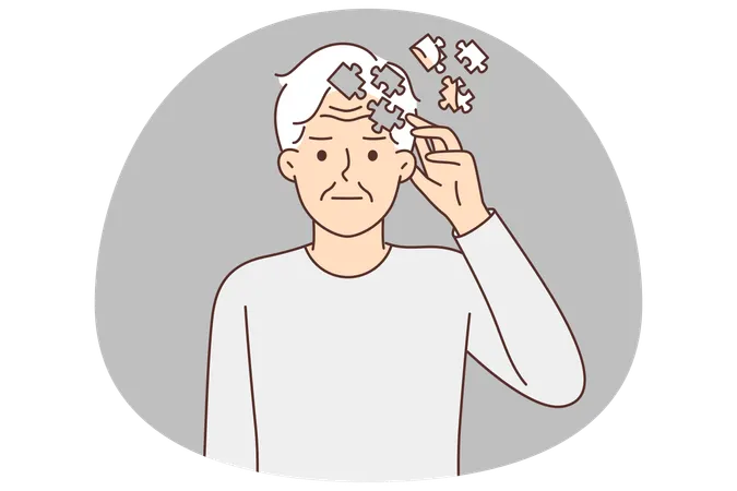 Elderly man with puzzles near head while suffers from memory problems  Illustration