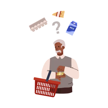 Elderly Man With Red Shopping Basket Counting Coins In Hand Flat Style Vector Illustration Isolated On White Background Food Crisis Concept Essential Goods Question Mark Illustration