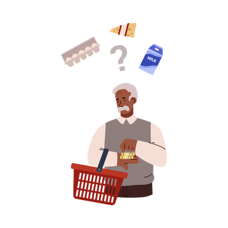 Elderly man with red shopping basket counting coins in hand  Illustration