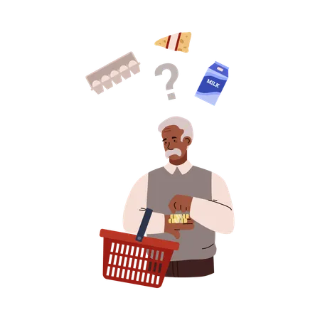 Elderly man with red shopping basket counting coins in hand  Illustration