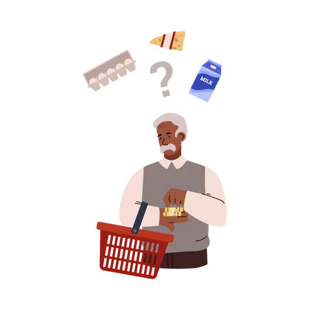 Elderly man with red shopping basket counting coins in hand  Illustration