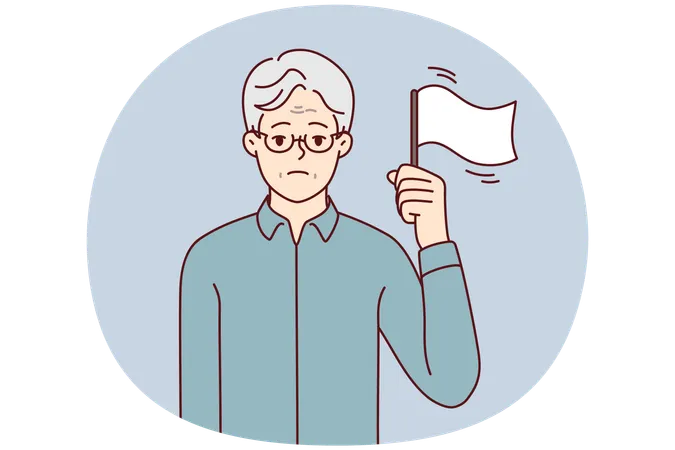 悲しそうな顔をした老人が、力不足の印として白旗を掲げて立っている。  イラスト