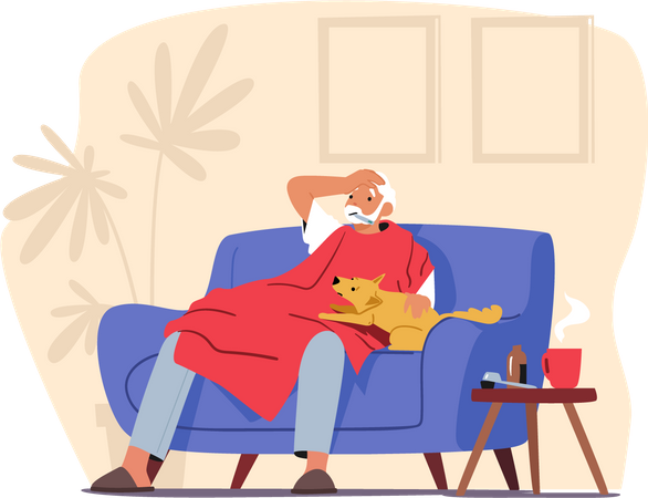 Elderly Man with Thermometer in Mouth Sitting on Sofa Covered with Blanket  Illustration