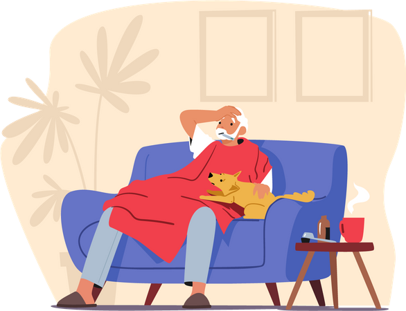 Elderly Man with Thermometer in Mouth Sitting on Sofa Covered with Blanket Illustration