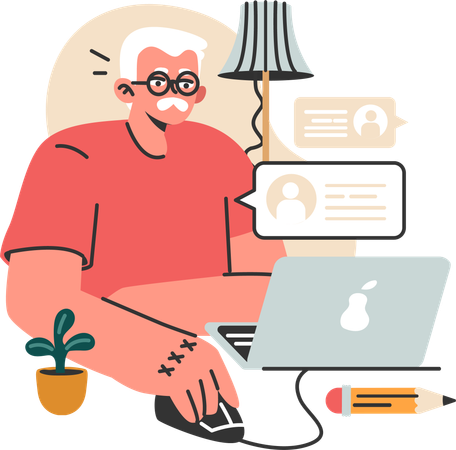 Elderly man working on laptop  Illustration