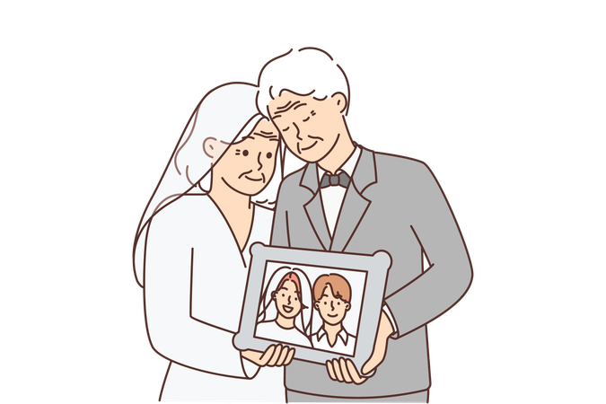 Elderly men and woman in wedding clothes hold portrait of young couple from marriage ceremony  Illustration