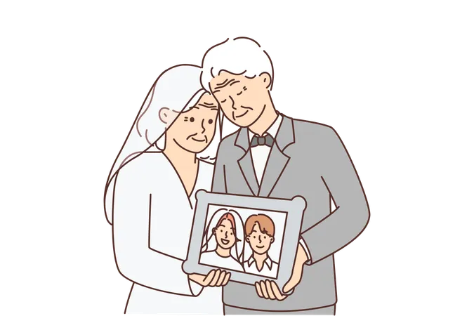 Elderly Men And Woman In Wedding Clothes Hold Portrait Of Young Couple From Marriage Ceremony Romantic Grandmother And Grandfather Celebrate Golden Wedding Anniversary And Remember Youth Illustration