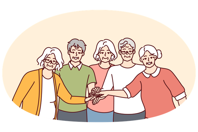 Elderly men and women with gray hair stand with their hands outstretched to center  Illustration