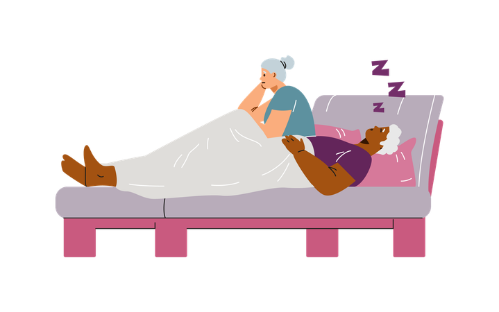 Elderly multinational couple in bed at night  Illustration