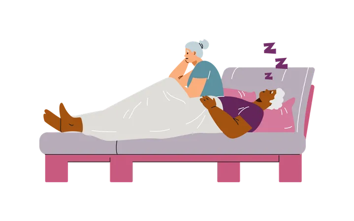 Elderly multinational couple in bed at night  Illustration