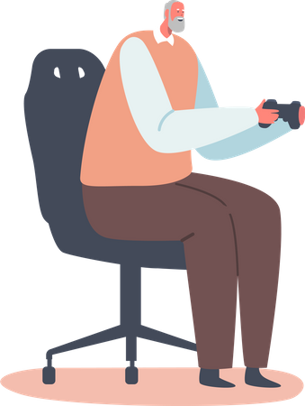 Elderly old man playing video game  Illustration