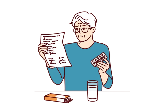 Elderly Man Takes Medicine And Reads Dosage Instructions For Pills Prescribed By Doctor Gray Haired Elderly Human Is Studying Instructions To Learn About Contraindications And Side Effects Of Pills Illustration
