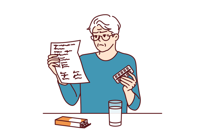 Elderly old man takes medicines according to prescription  Illustration