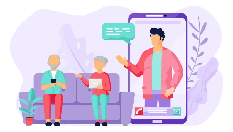 Old Couple Pensioner Parents Communicate With Adult Son Online Communication Conversation With Relatives Via Internet Elderly Parents Are Sitting With Tablet And Phone Video Call On Smartphone Illustration