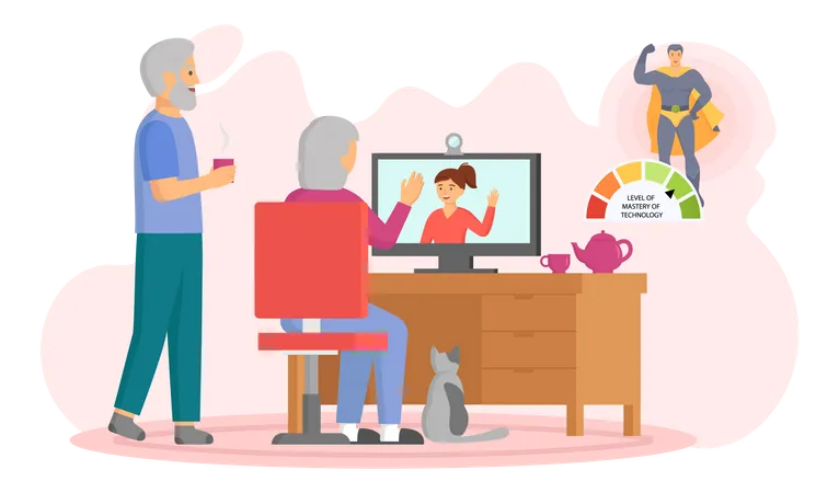 Elderly parents chatting with daughter on video call  Illustration