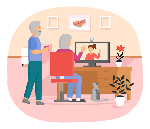 Elderly parents sitting at computer and talking to daughter Illustration