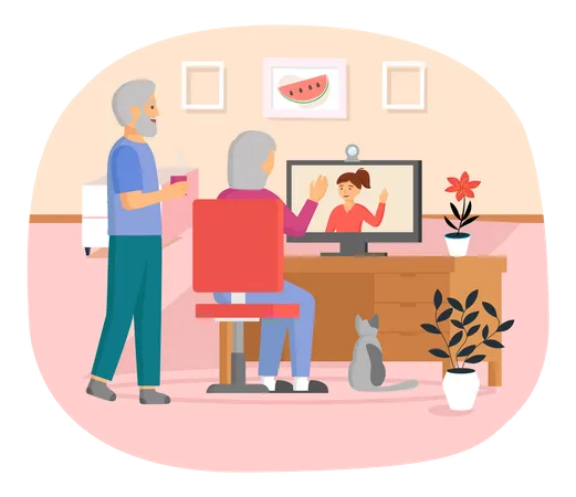 Elderly parents sitting at computer and talking to daughter Illustration